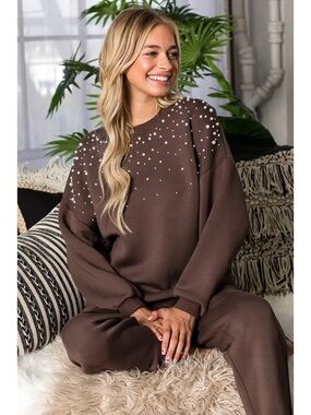 Joh apparel Brown Pearl Embellished Cozy scuba Sweatshirt crewneck